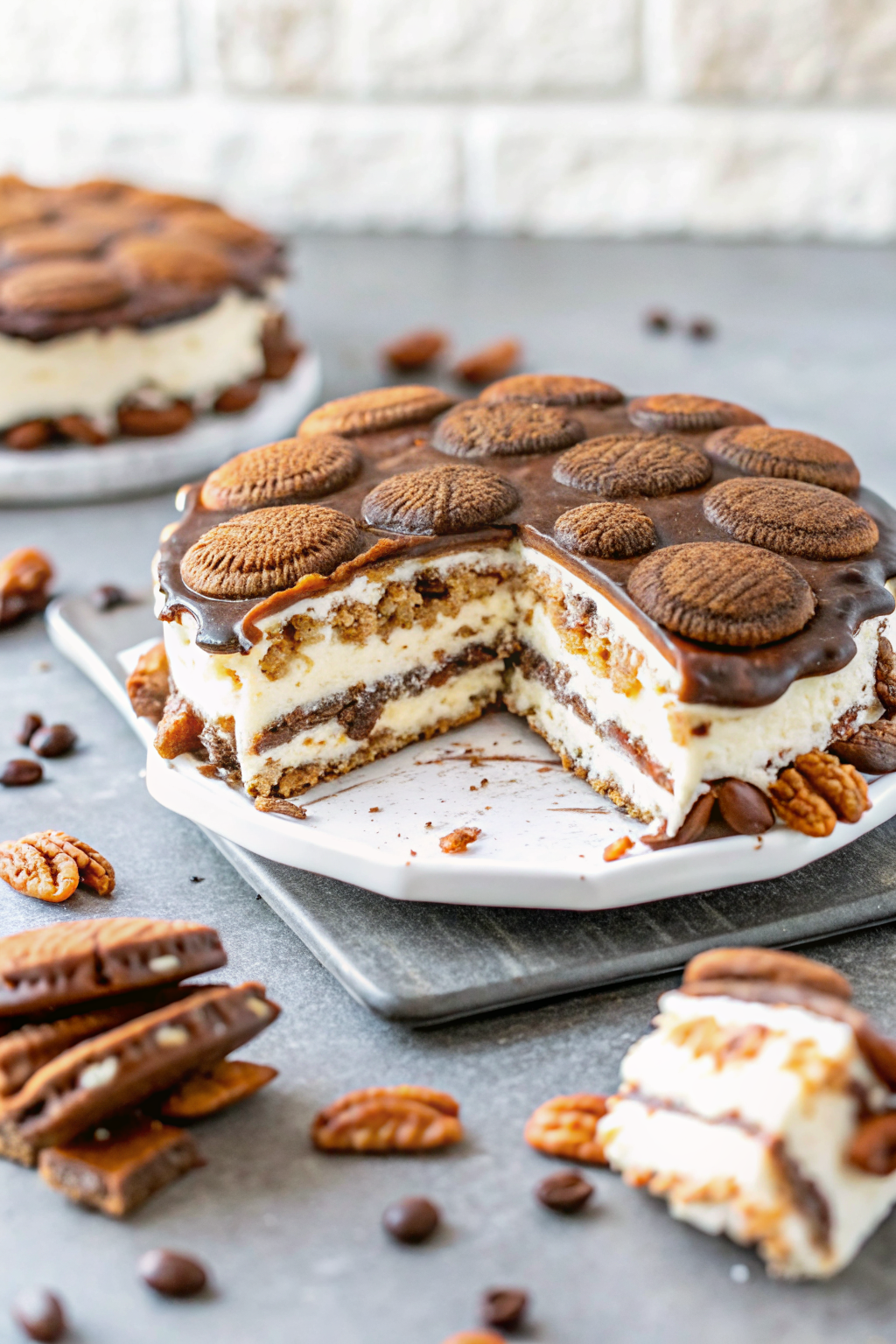 Turtle Ice Cream Sandwich Cake slice on plate showing perfect texture and swirl pattern